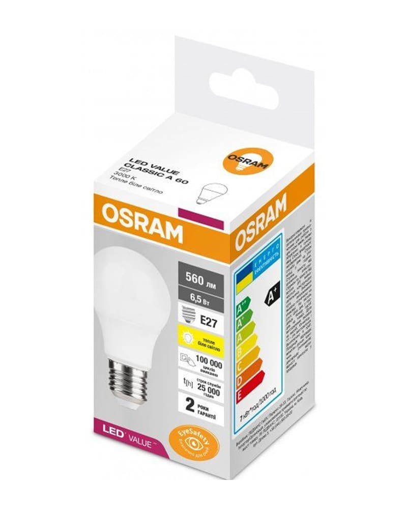 Лампа Osram 4058075623040 Led Value CL E27 6,5W/830 3000K 650Lm A60 230V FR